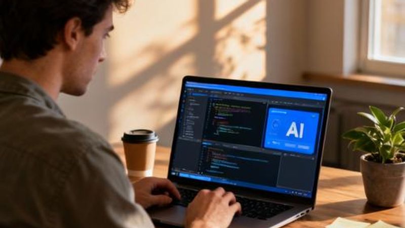 Developer using AI tools on laptop with code on screen