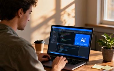 Developer using AI tools on laptop with code on screen