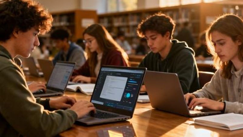 College students using laptops with AI interfaces in modern library setting