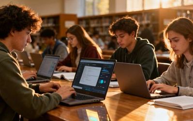 College students using laptops with AI interfaces in modern library setting