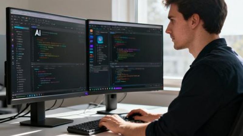 Developer working with multiple AI tools on dual monitors in modern workspace