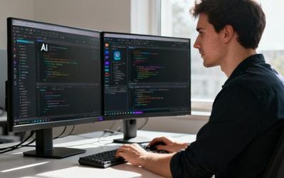Developer working with multiple AI tools on dual monitors in modern workspace