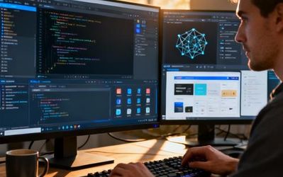 Developer working on AI application development with multiple code editors and AI tools on screen