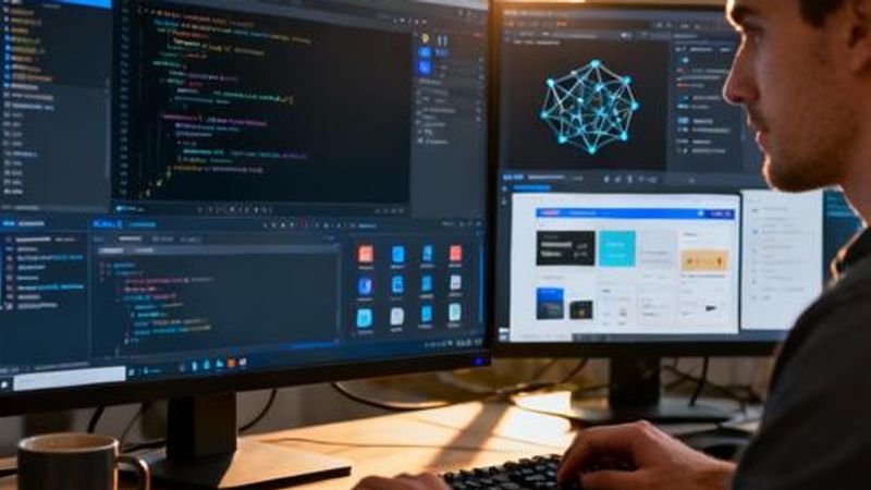 Developer working on AI application development with multiple code editors and AI tools on screen