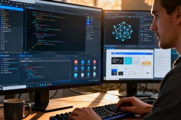 Developer working on AI application development with multiple code editors and AI tools on screen