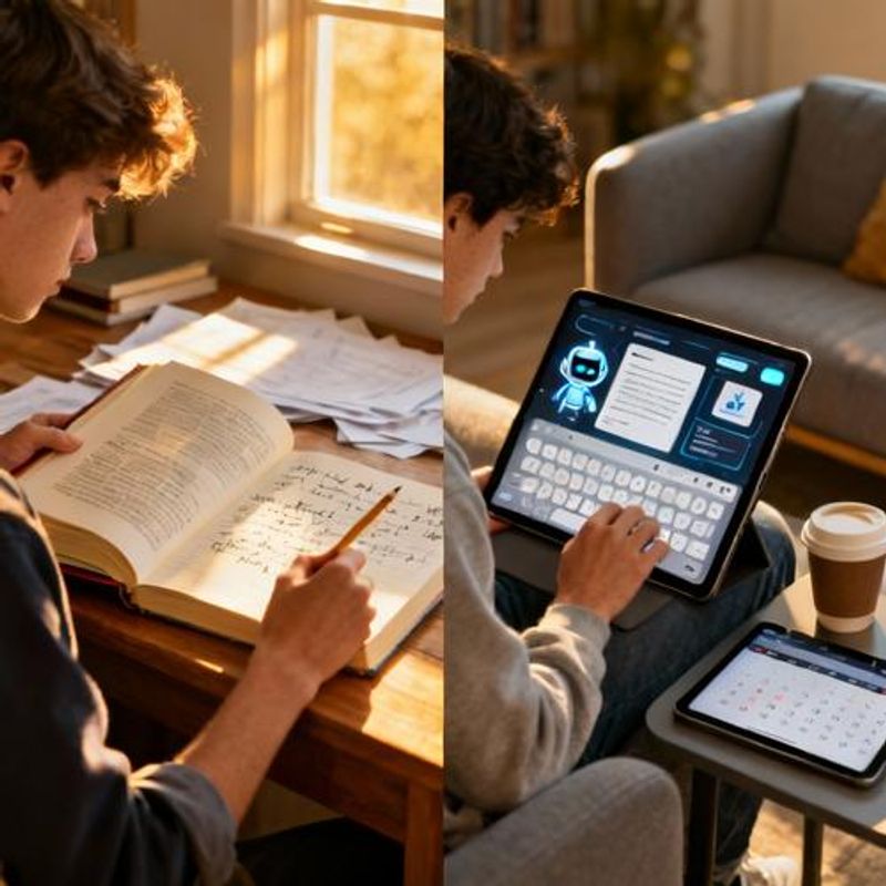 Split screen showing traditional study methods versus AI-enhanced learning
