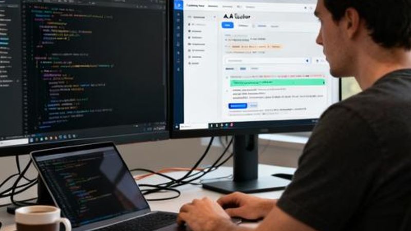 Developer working with AI coding assistant on dual monitors showing code and AI interface