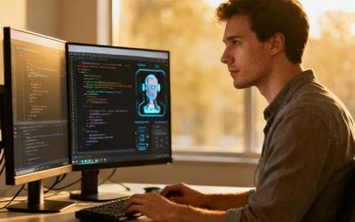 Developer working with AI tools on multiple monitors in modern workspace