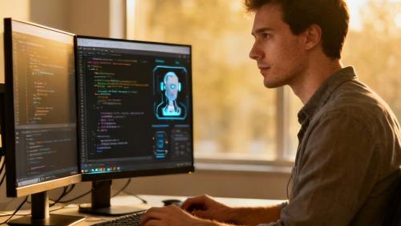 Developer working with AI tools on multiple monitors in modern workspace