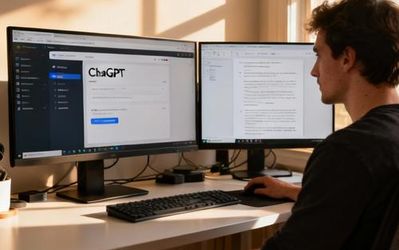 Content creator working with AI director tools on computer