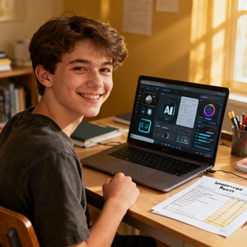 Student successfully using multiple AI tools on laptop with improved grades visible