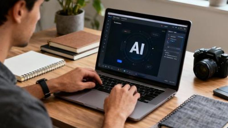 Content creator using AI tools on laptop with creative workspace setup