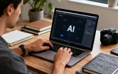 Content creator using AI tools on laptop with creative workspace setup