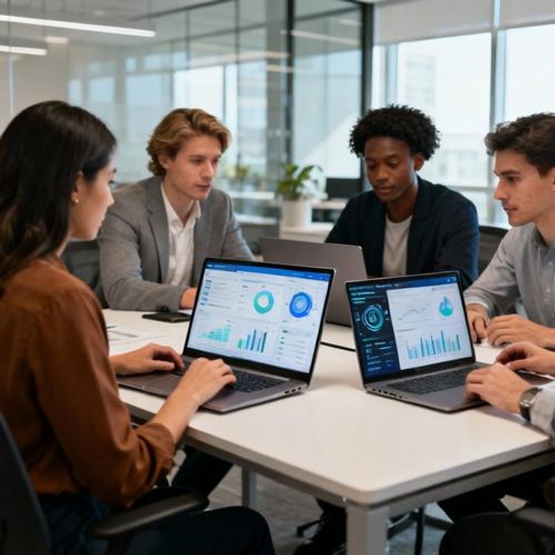 Team of data analysts collaborating with AI tools and dashboards