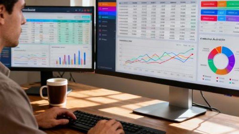 Data analyst reviewing AI BDR software dashboard with sales metrics and customer insights