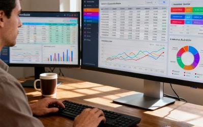 Data analyst reviewing AI BDR software dashboard with sales metrics and customer insights