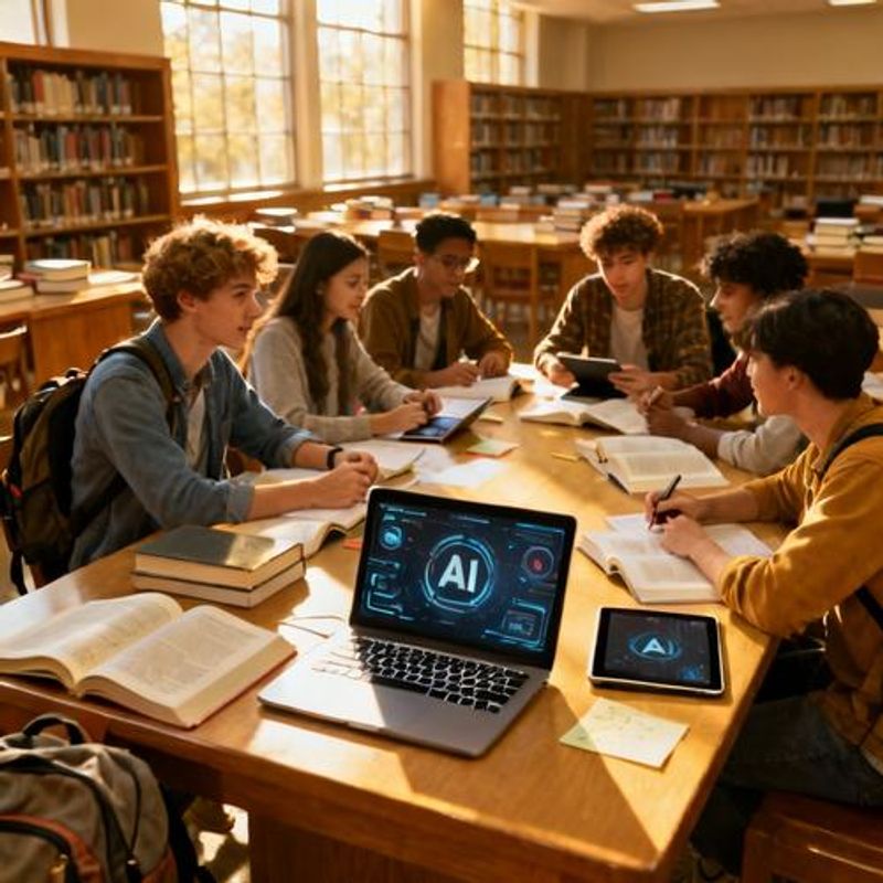 Students collaborating with AI tools on various devices