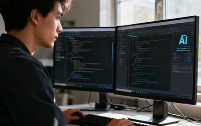 Programmer using AI tools on multiple monitors in modern workspace