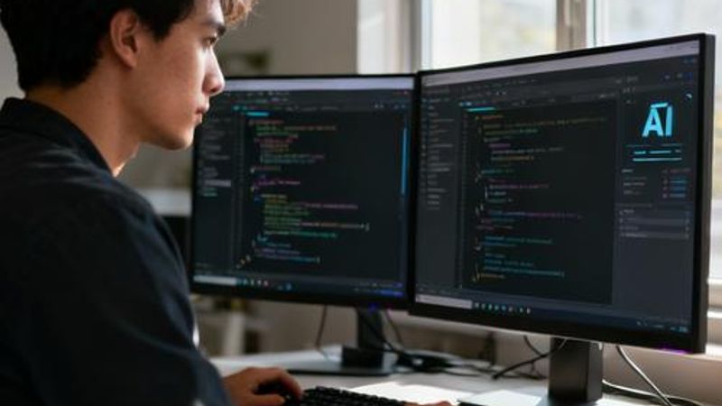 Programmer using AI tools on multiple monitors in modern workspace