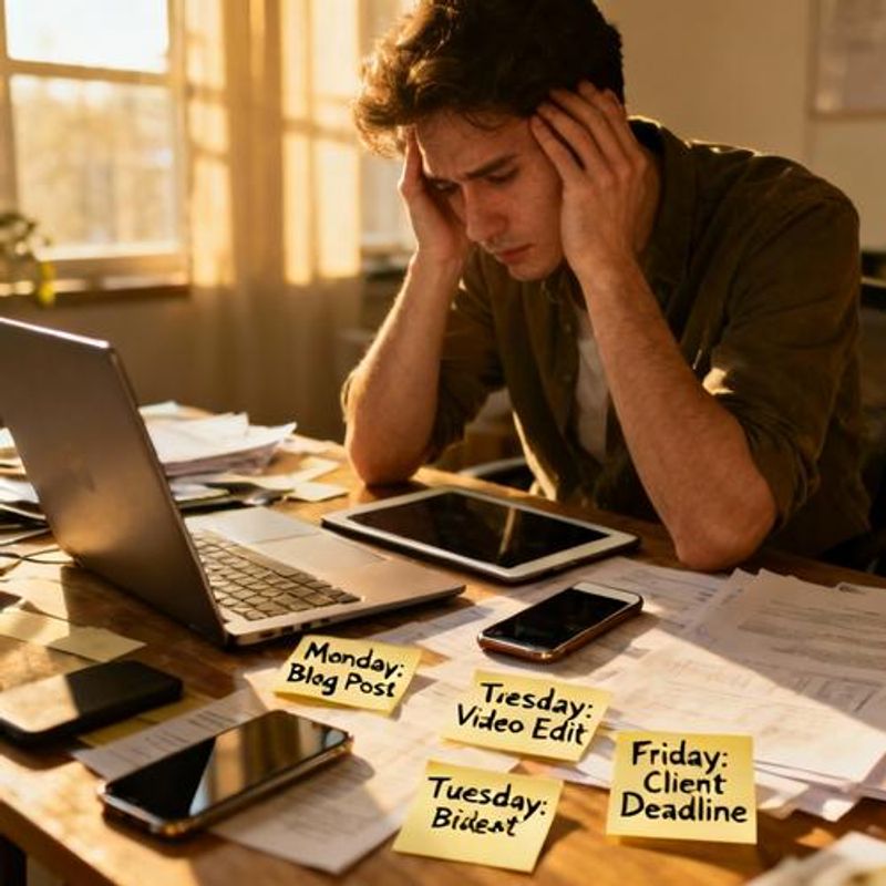 Overwhelmed content creator surrounded by multiple devices and deadlines