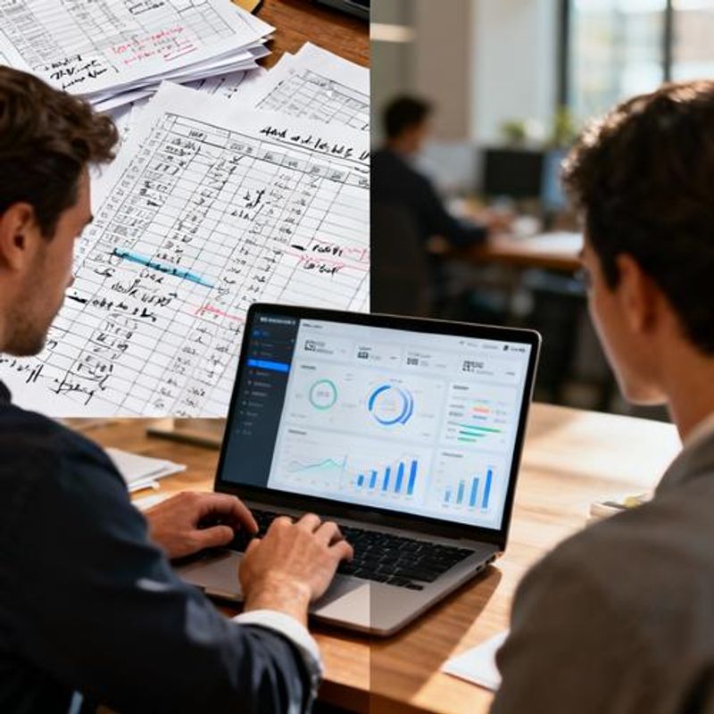 Split screen showing manual data analysis versus AI-powered automated workflow