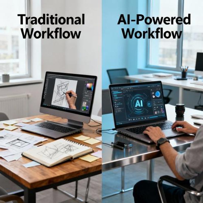 Split screen showing traditional vs AI-powered content creation workflow