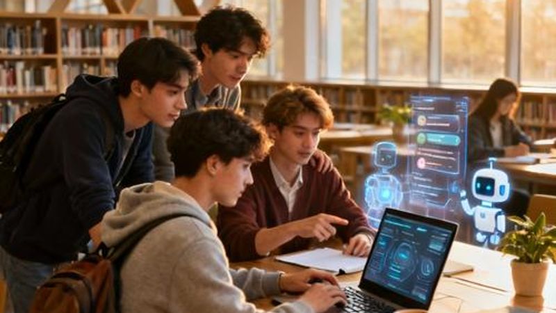 College students using AI tools on laptops in a modern study space