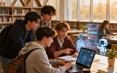 College students using AI tools on laptops in a modern study space