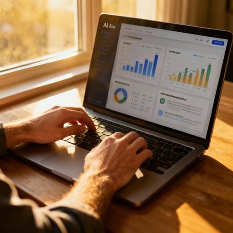 Data analyst reviewing AI-generated insights and recommendations on laptop screen