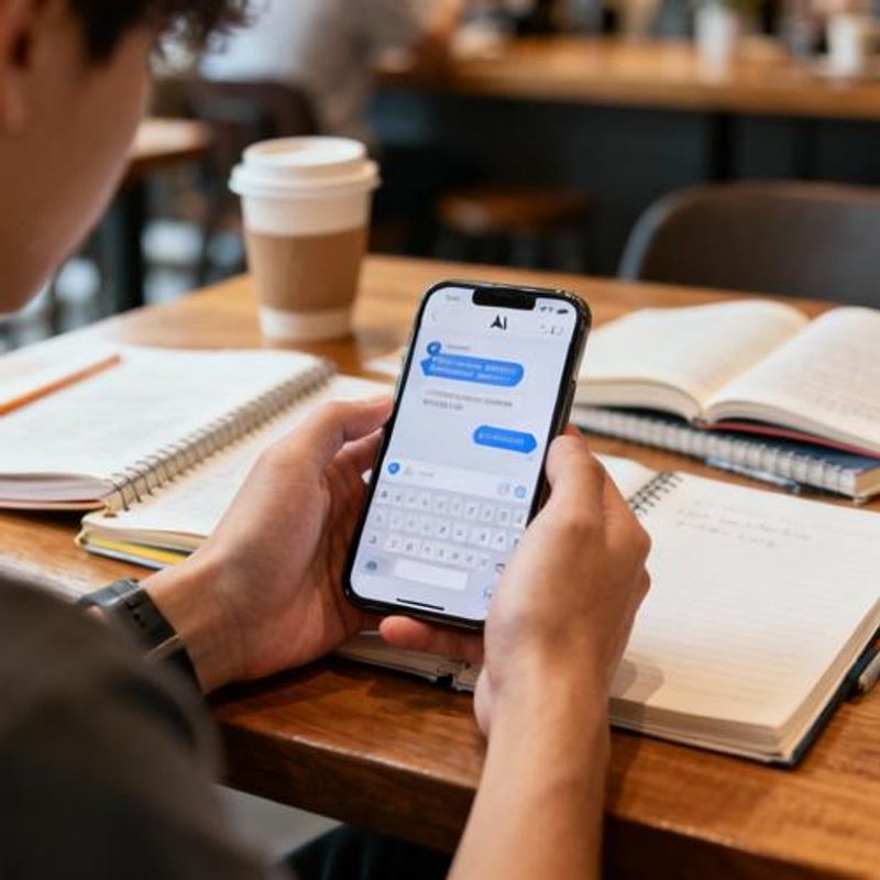 Student practicing English with AI chatbot on smartphone