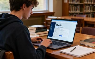Student using laptop for ChatGPT image search in library