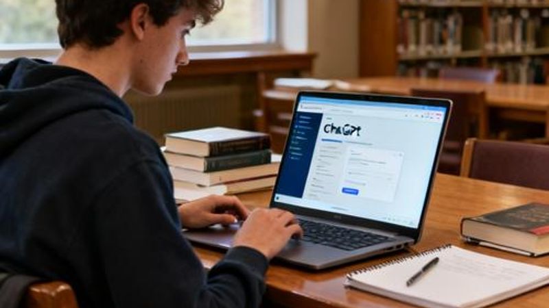 Student using laptop for ChatGPT image search in library