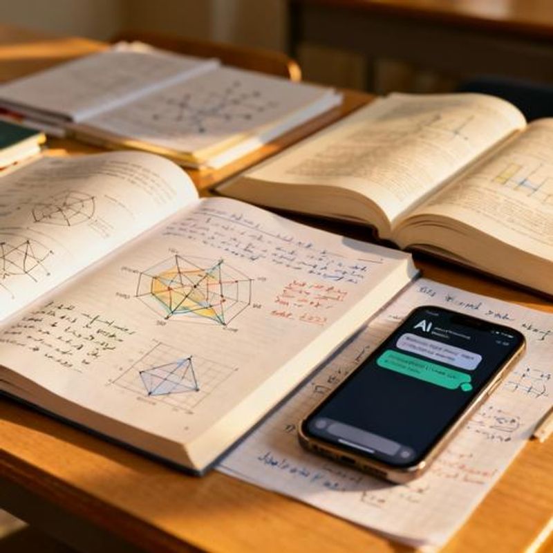 Various study materials including textbooks, diagrams, and handwritten notes spread on desk