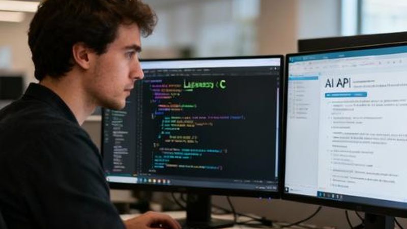 Developer working on code migration with multiple monitors showing C code and AI integration