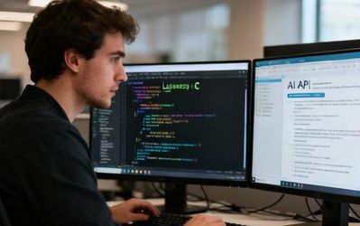 Developer working on code migration with multiple monitors showing C code and AI integration