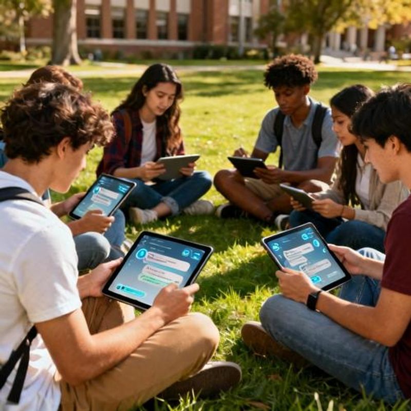 Students collaborating with AI chat interface on tablets in university campus