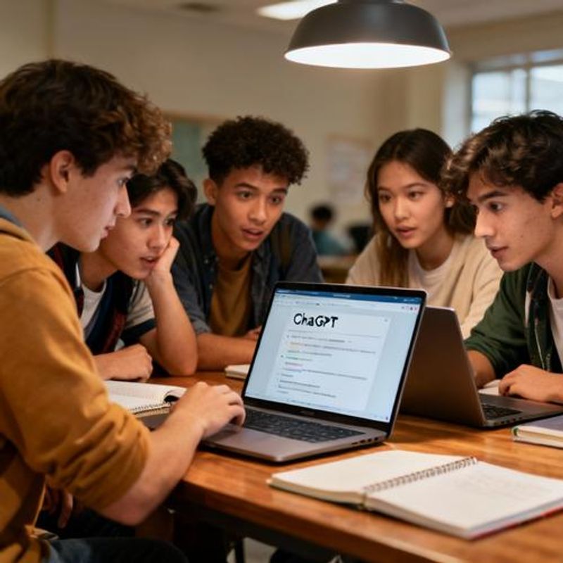 Students collaborating with AI tools in study group environment