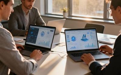 Professional team using AI tools for business operations in modern office