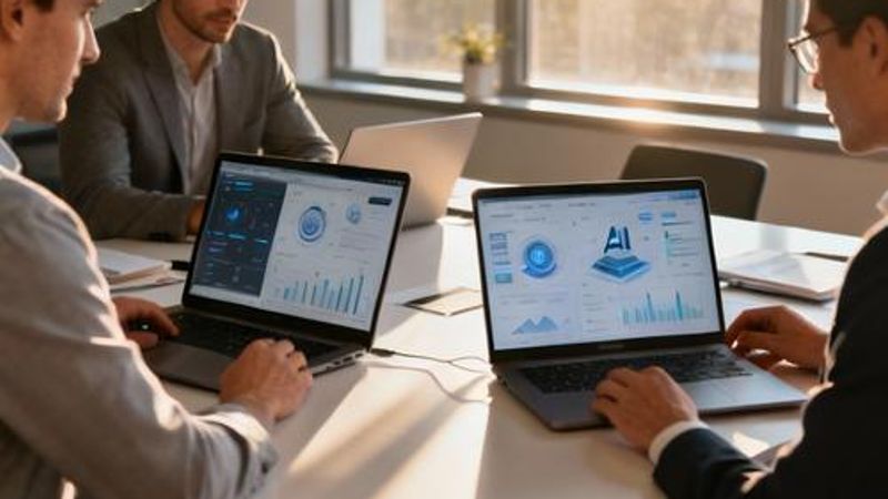 Professional team using AI tools for business operations in modern office