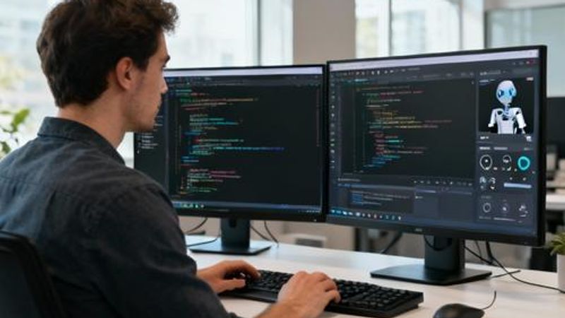 Developer working with AI tools on multiple monitors in modern workspace