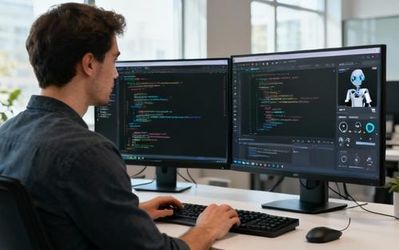 Developer working with AI tools on multiple monitors in modern workspace