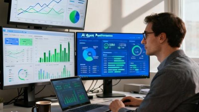 Data scientist analyzing AI agent performance metrics on multiple monitors