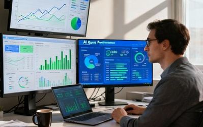 Data scientist analyzing AI agent performance metrics on multiple monitors