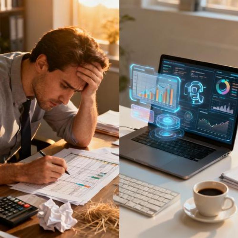 Split screen showing traditional manual data analysis versus AI-powered automated analytics