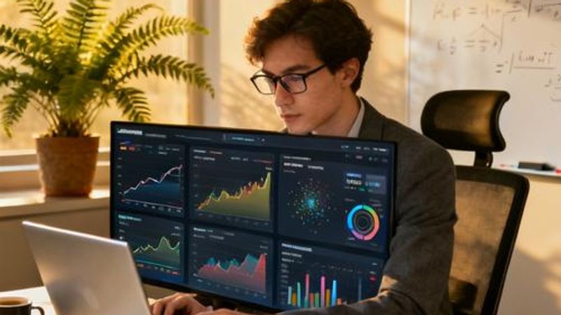 Data analyst working with AI tech suite dashboard on computer screen