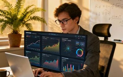 Data analyst working with AI tech suite dashboard on computer screen