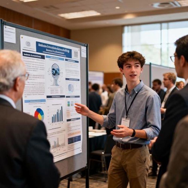 Student presenting AI research poster at academic conference