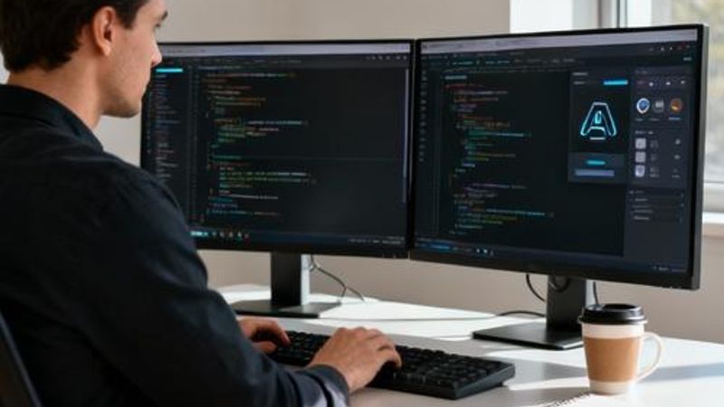 Programmer working with AI tools on multiple monitors showing code and development interface
