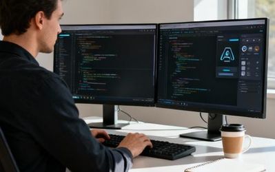 Programmer working with AI tools on multiple monitors showing code and development interface