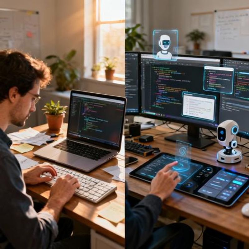 Split screen showing traditional coding vs AI-assisted coding productivity comparison